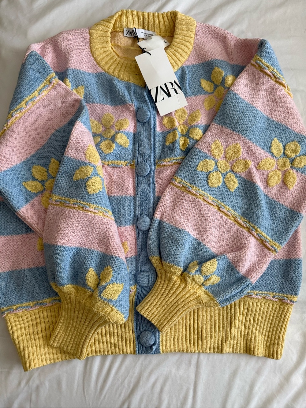 Zara Pastel Pink Blue and Yellow Floral Knit Cardigan